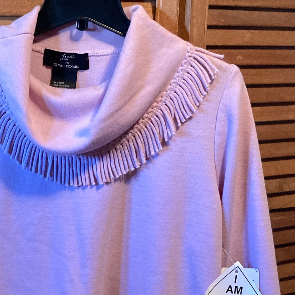 Lennie for Nina Leonard Pink Cowl Neck Fringed Collar Knit Sweater - Picture 6 of 16